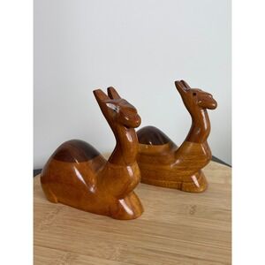 00403 - Vintage Wood Camel Figurines Carved Pair Statues Desert Animal Decor Set